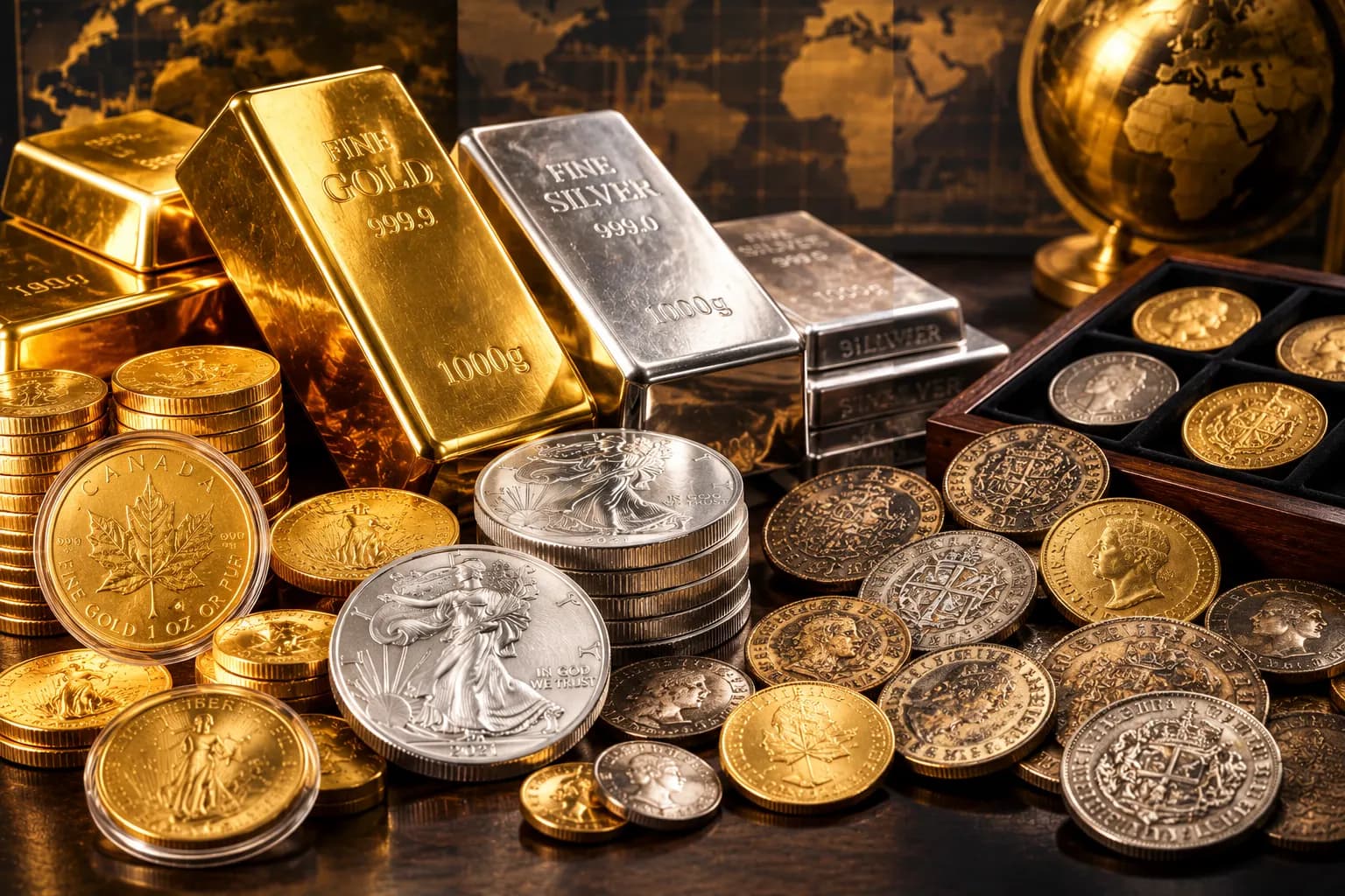 Goud- en zilverbaren van 1000 gram met beleggingsmunten en historische munten, voor een wereldkaart en een globe.
