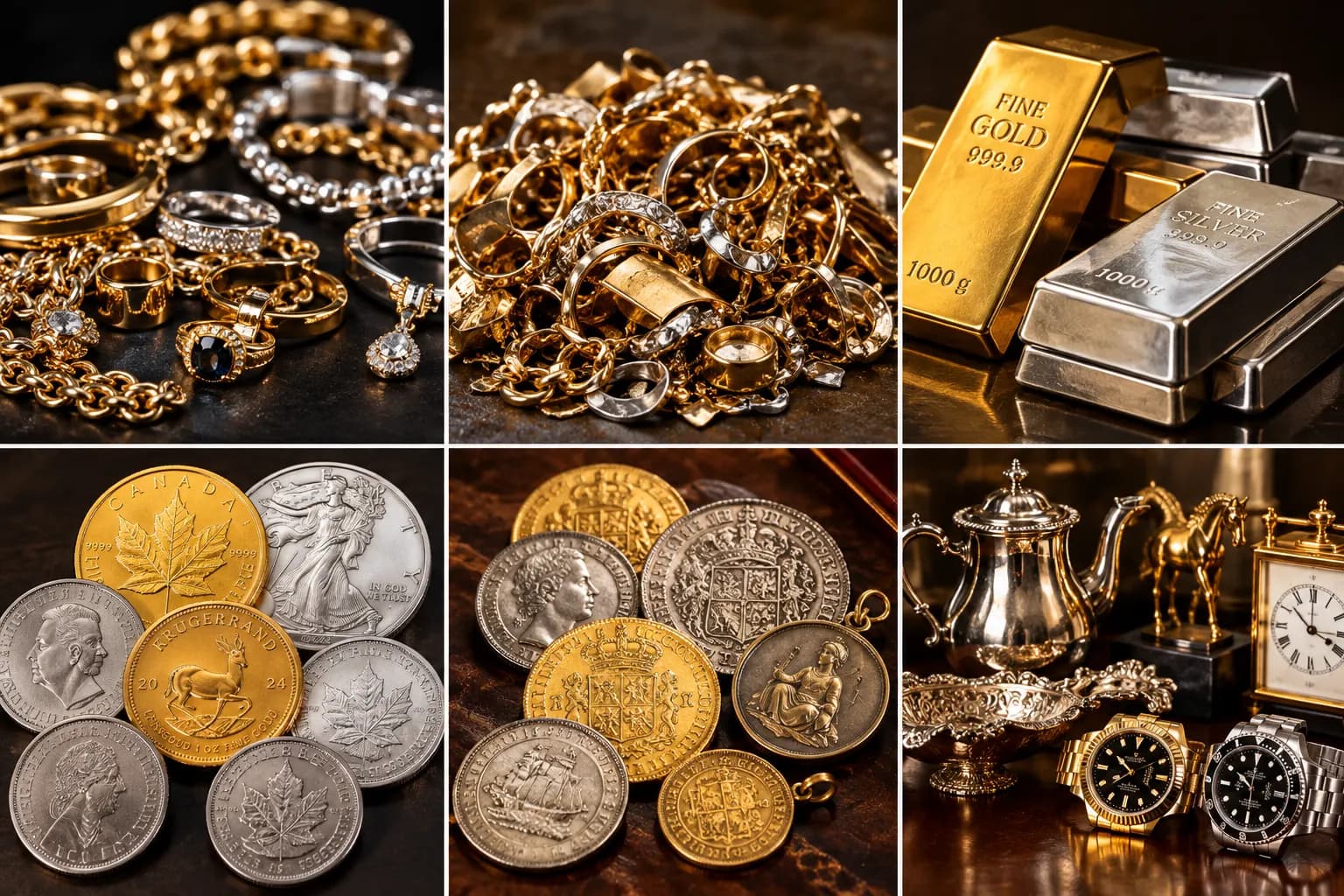 Zes voorbeelden van wat wij inkopen: gouden en zilveren sieraden, schakelkettingen, goud- en zilverbaren, beleggingsmunten, historische munten en zilveren objecten en horloges.