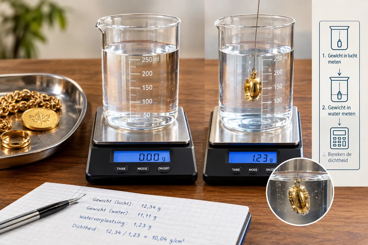 Twee digitale weegschalen met maatbekers: links een beker water, rechts dezelfde beker met een gouden voorwerp aan een draad; ernaast een notitie met gewicht in lucht, gewicht in water en de berekende dichtheid.