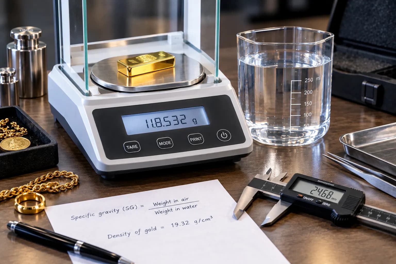 Een precisieweegschaal met een goudbaar die 118,532 gram aangeeft, naast een glas water, een digitale schuifmaat en een notitie met de formule voor soortelijk gewicht, in het Engels geschreven.
