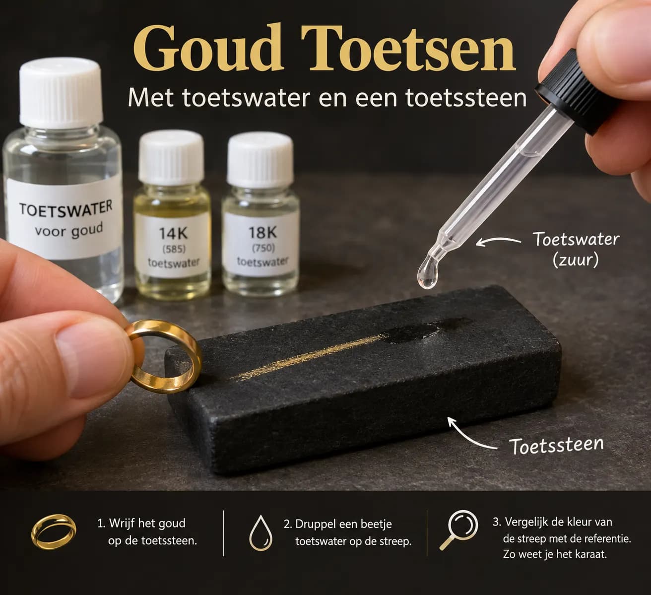 Infographic “Goud toetsen met toetswater en een toetssteen”: flesjes toetswater voor goud, 14K (585) en 18K (750), een ring die op de toetssteen wordt gewreven, en drie stappen — wrijven, druppelen, kleur vergelijken.