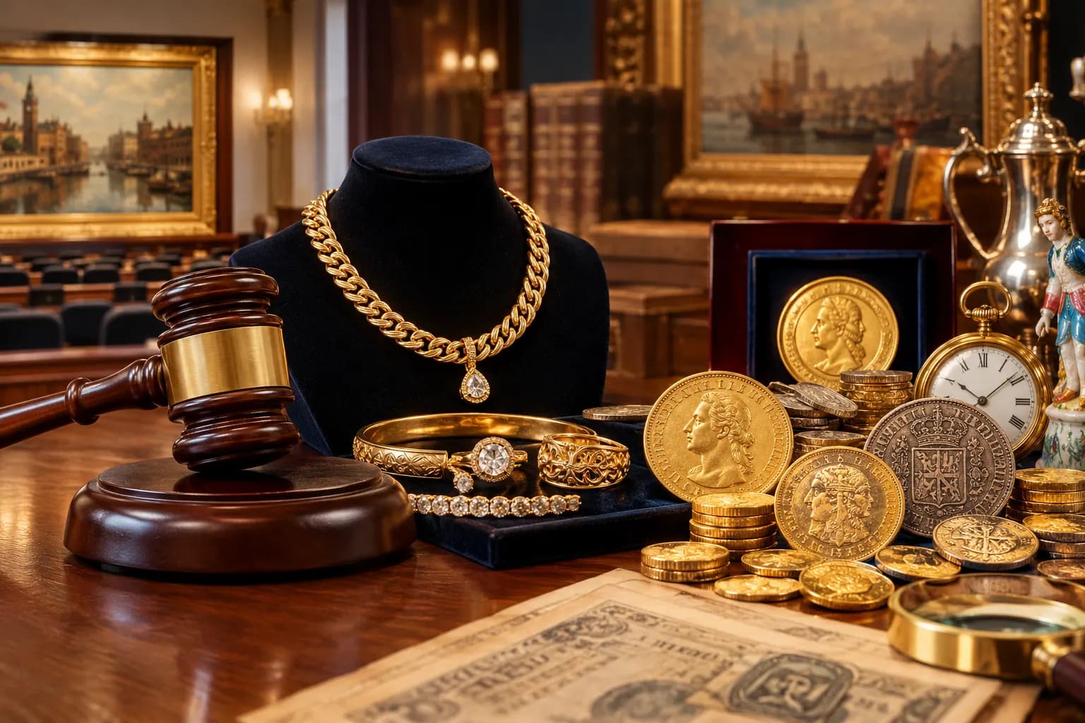 Een veilinghamer op een tafel met een gouden collier op een buste, ringen, gouden munten, een zakhorloge, bankbiljetten en zilverwerk.