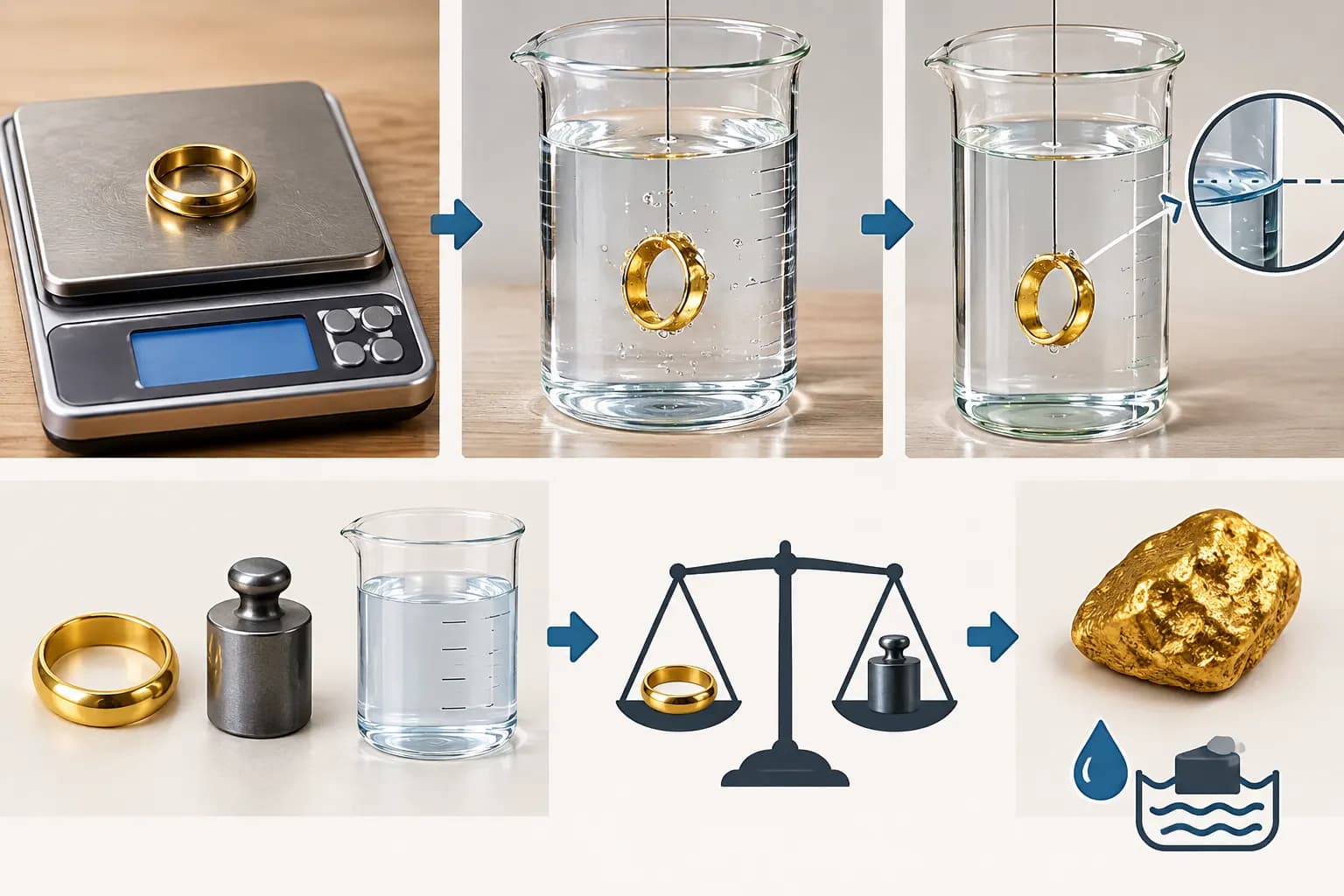 Stapsgewijze weergave van een dichtheidsbepaling: een ring op een digitale weegschaal, daarna in een maatbeker water om de volumeverplaatsing af te lezen.