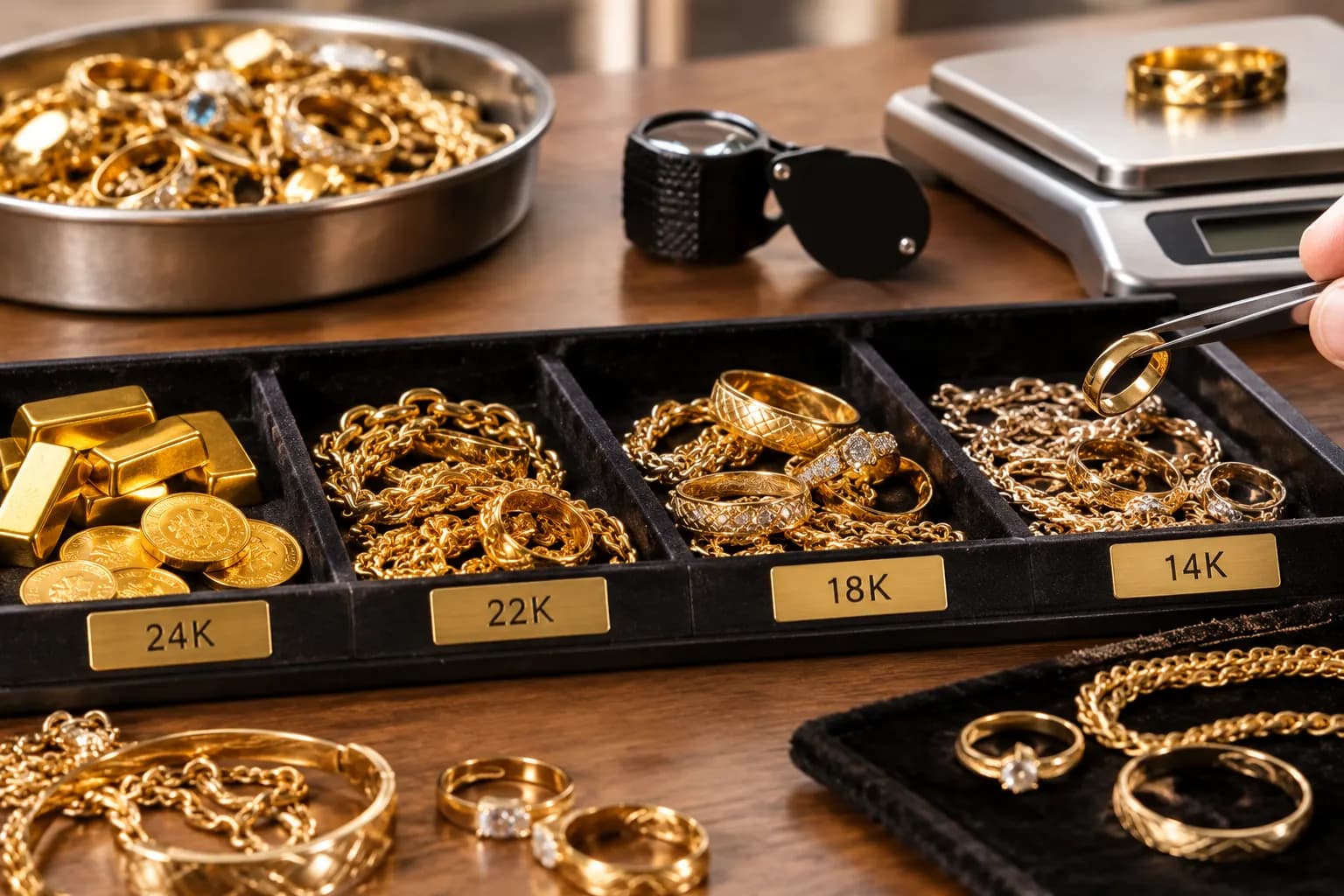 Sieraden uitgesorteerd in vakjes met labels 24K, 22K, 18K en 14K, naast een weegschaal en een loep.